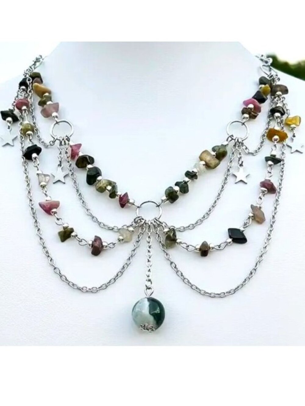 Necklace Layered Natural Crystal Stones Boho Silver Healing Stars Trendy Stylish